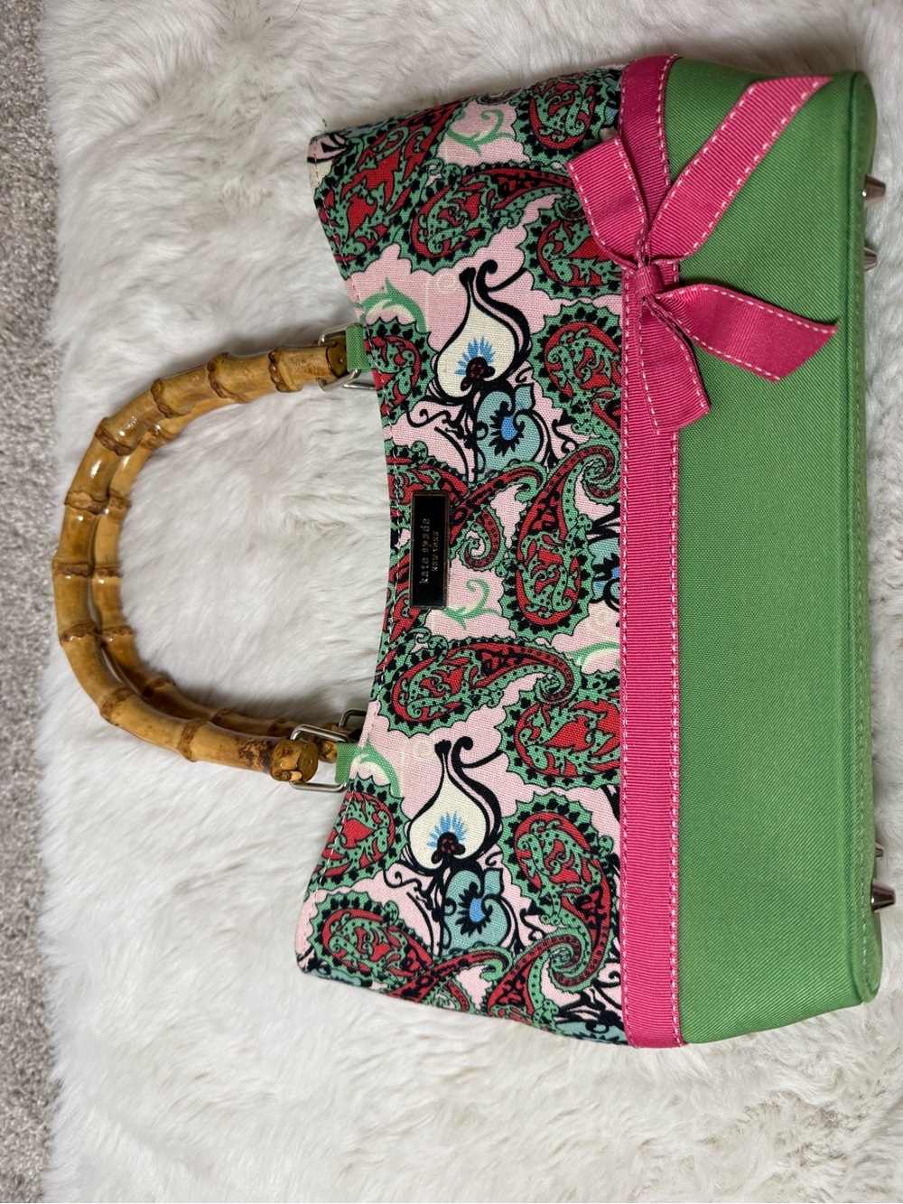 Kate Spade Vintage Green and Pink Paisley Tote with Bamboo Handles